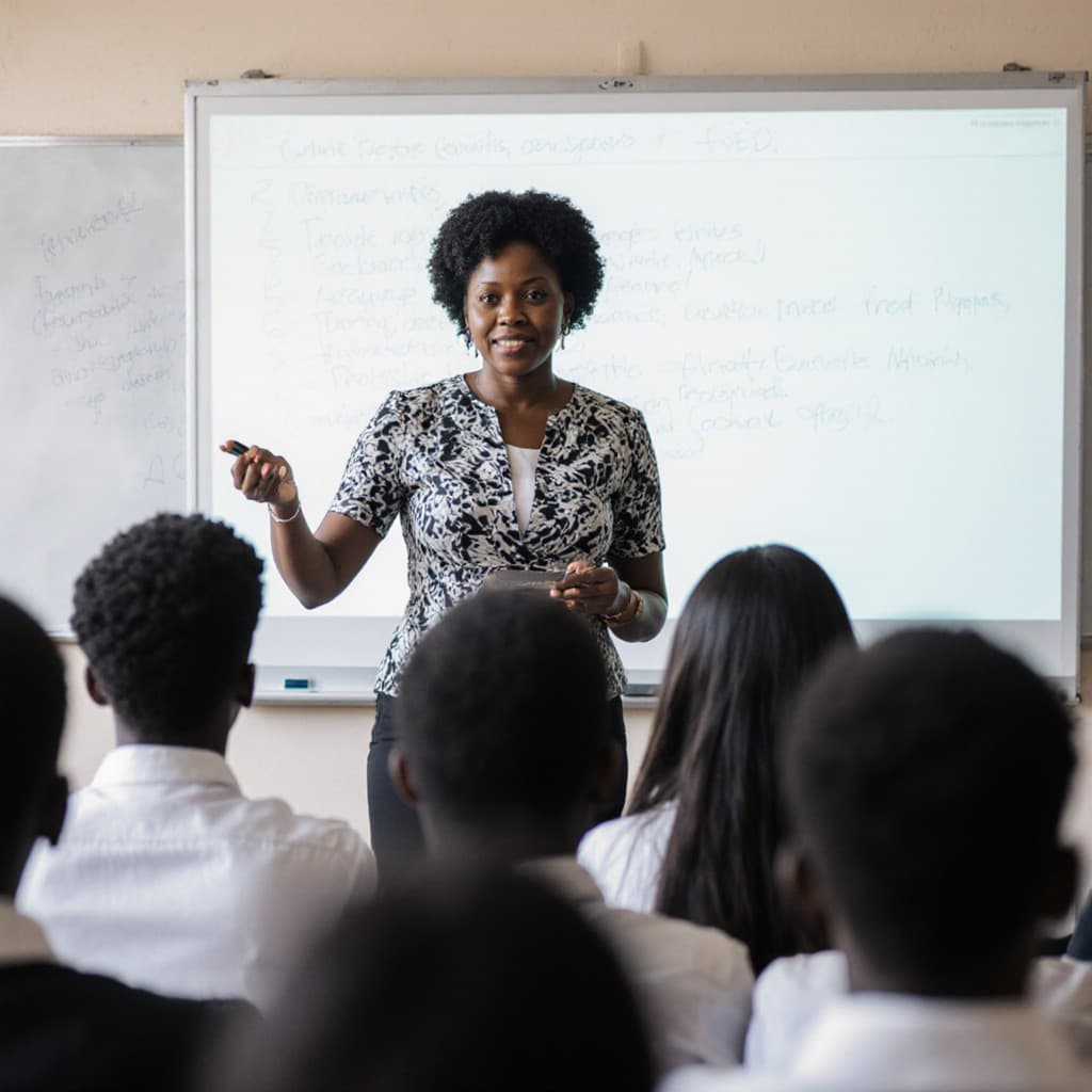 An African female lecturer teaching students in a classroom
